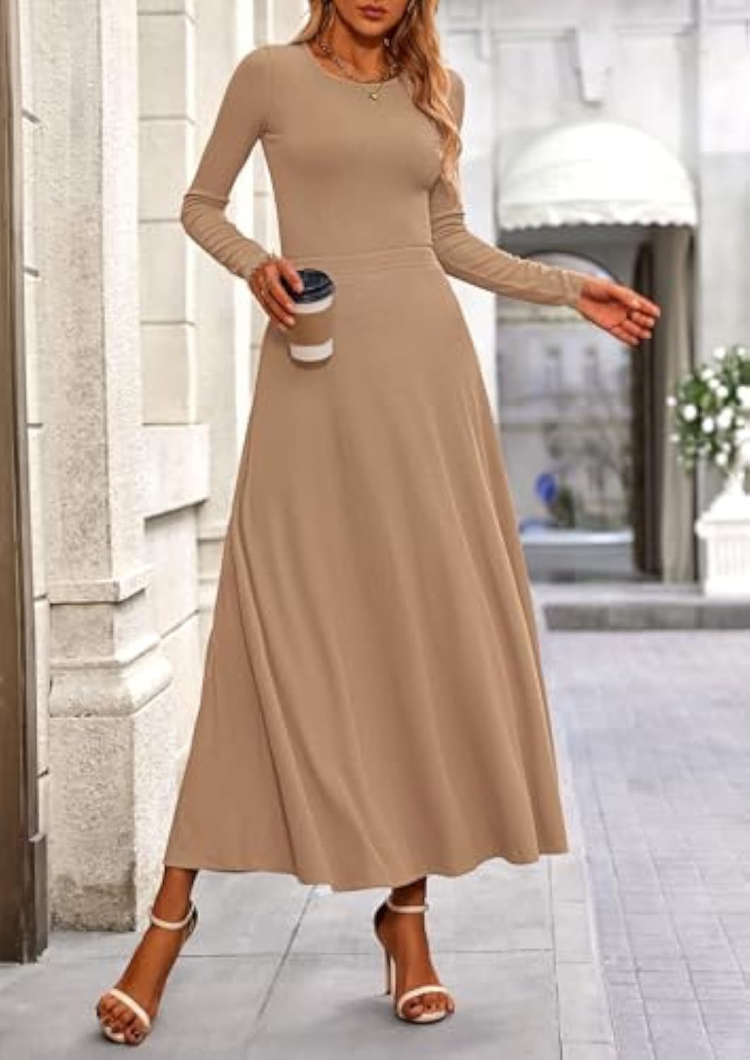Damen Langärmeliges Maxikleid mit tailliertem Oberteil und fließendem A-Linien-Rock EB