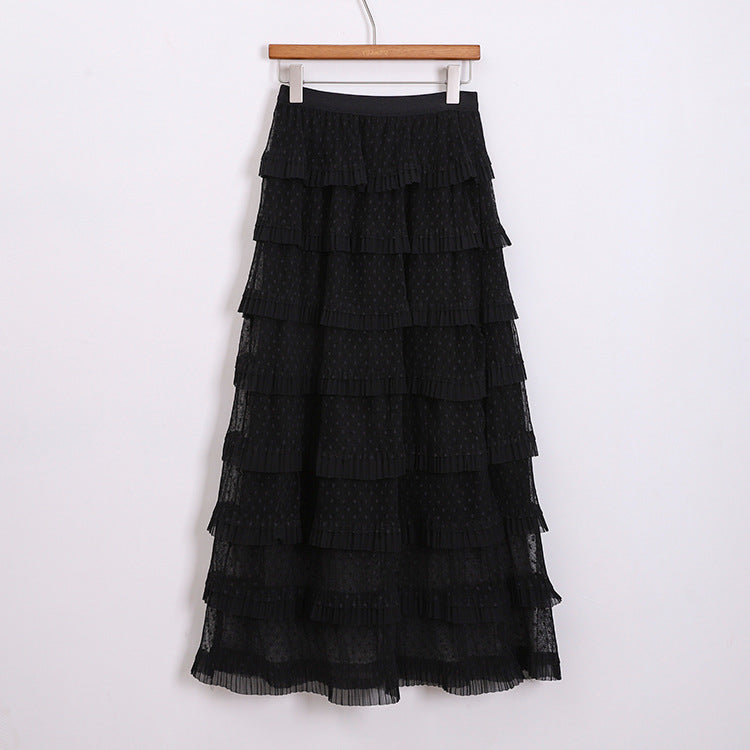 Damen  mehrlagiger Midirock mit Punktchiffon-Volants und elastischem Komfortbund EB