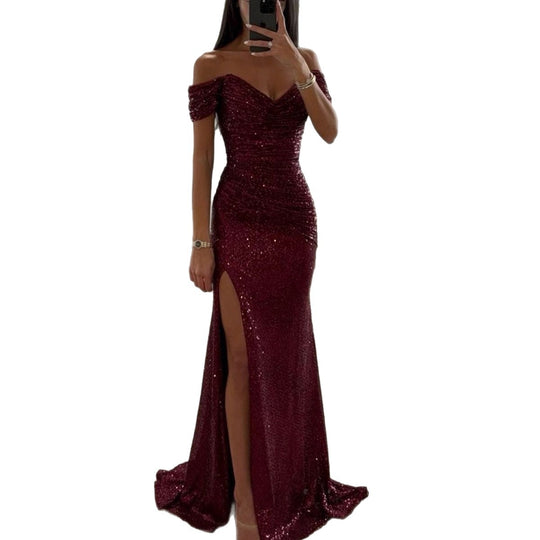 Damen Glamouröses Abendkleid mit schulterfreiem Schnitt und schimmerndem Stoff EB