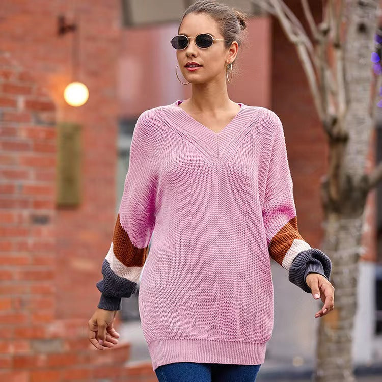 Damen Strickpullover mit V-Ausschnitt und farblich abgestimmten Ärmeln EB