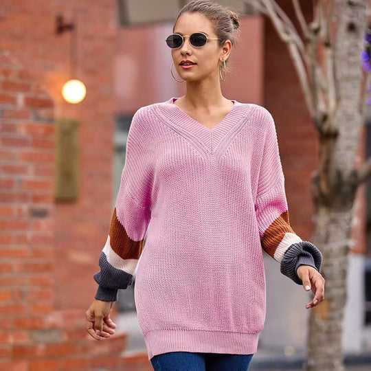 Damen Strickpullover mit V-Ausschnitt und farblich abgestimmten Ärmeln EB