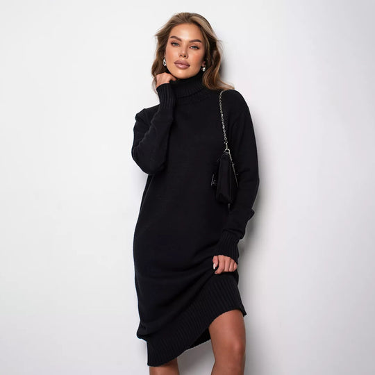 Damen Strickkleid mit Stehkragen und seitlichen Schlitzen EB