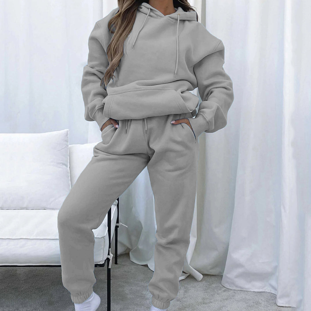 Damen nan Cropped Kapuzenjacke und High-Waist Jogginghose Set aus French Terry mit elastischem Bund EB