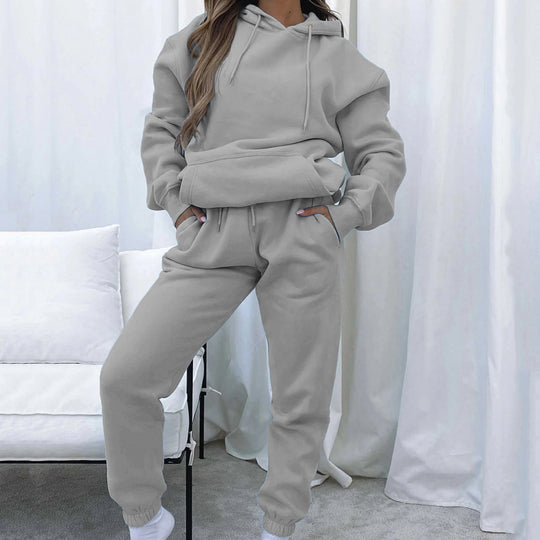 Damen nan Cropped Kapuzenjacke und High-Waist Jogginghose Set aus French Terry mit elastischem Bund EB
