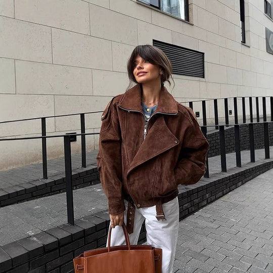 Damen oversized Kunstlederjacke mit elegantem Kragen und verstellbarem Taillenzug EB