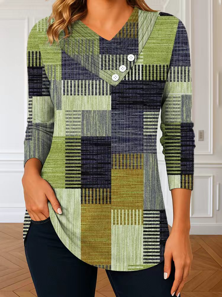 Damen Langarm-Tunika mit asymmetrischem V-Ausschnitt, Zierknopfleiste und kariertem Patchworkmuster EB