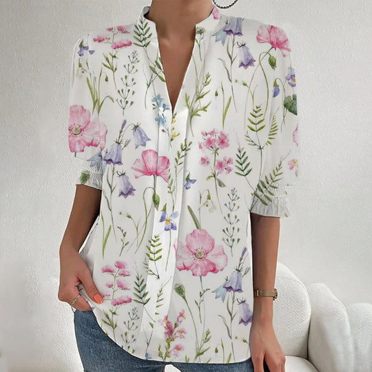Damen Blumenprint Tunika-Bluse mit Stehkragen, geschlitzter V‑Blende und gerafften 3/4-Ärmeln EB