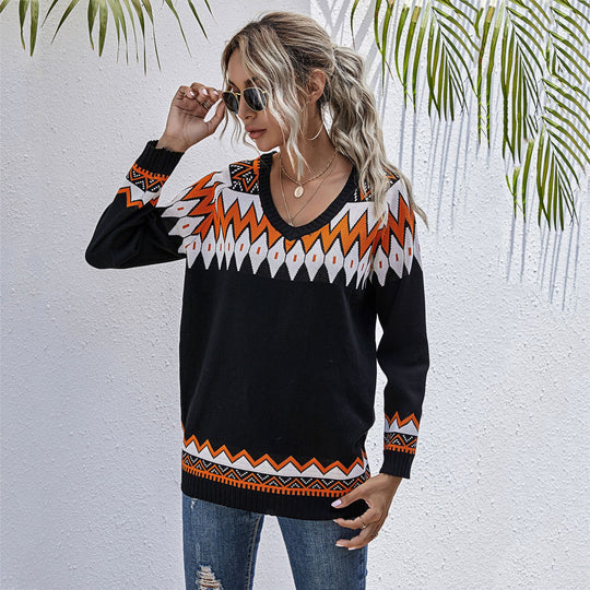 Damen Oversized Pullover mit tiefem V-Ausschnitt und geometrischem Muster EB