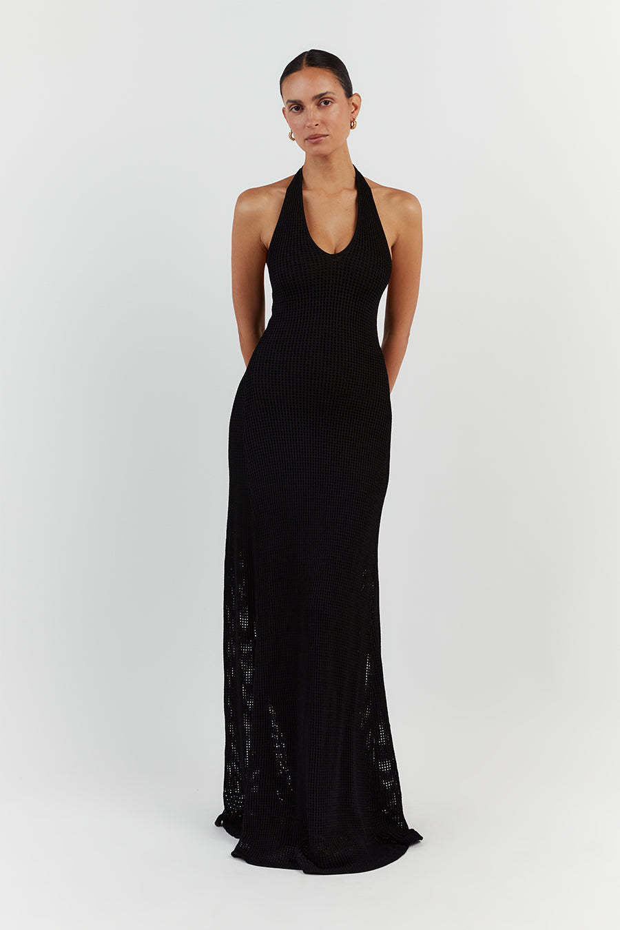 Damen Maxikleid aus feinem Netzstrick mit tiefem V-Ausschnitt EB