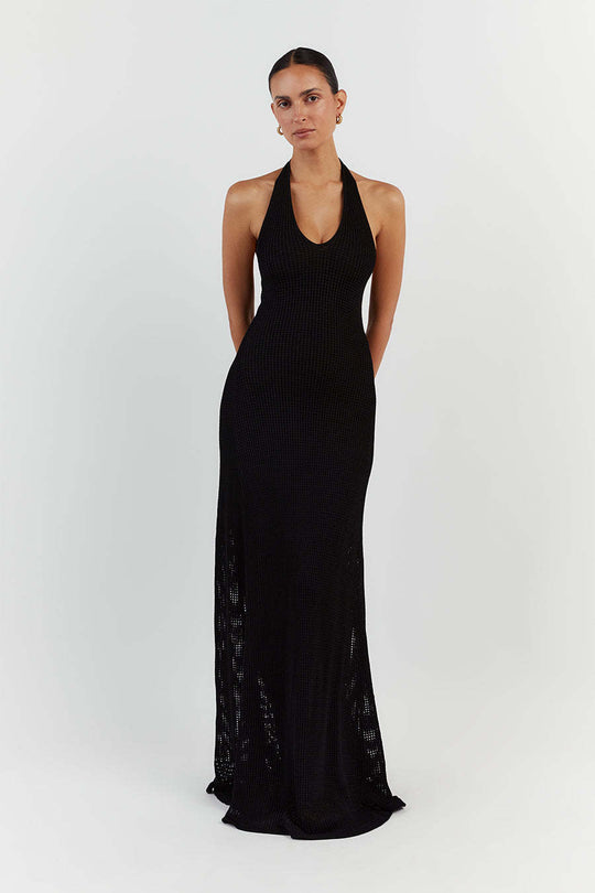 Damen Maxikleid aus feinem Netzstrick mit tiefem V-Ausschnitt EB