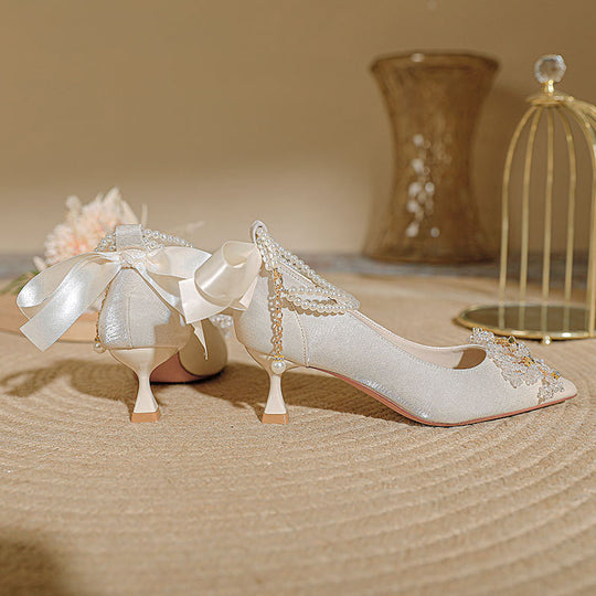 Damen elegante Spitzen-Pumps mit dekorativen Perlen-Details und Riemchen EB