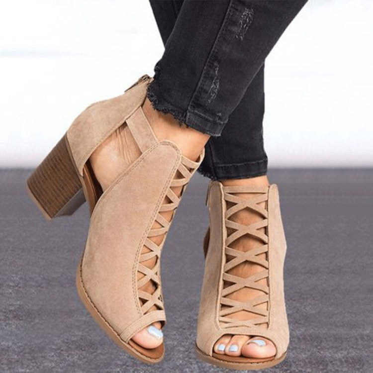 Damen Peep-Toe Stiefeletten im Schnürdesign mit Blockabsatz EB