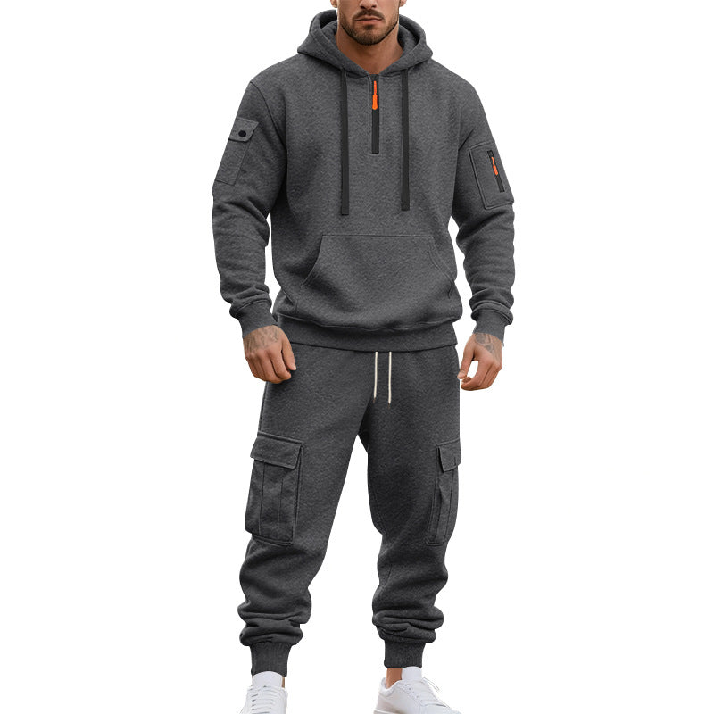 Herren nan zweiteiliges Utility-Freizeitset Hoodie mit halbhohem Reißverschluss, Ärmeltasche und Cargo-Jogginghose mit Klappentaschen EB