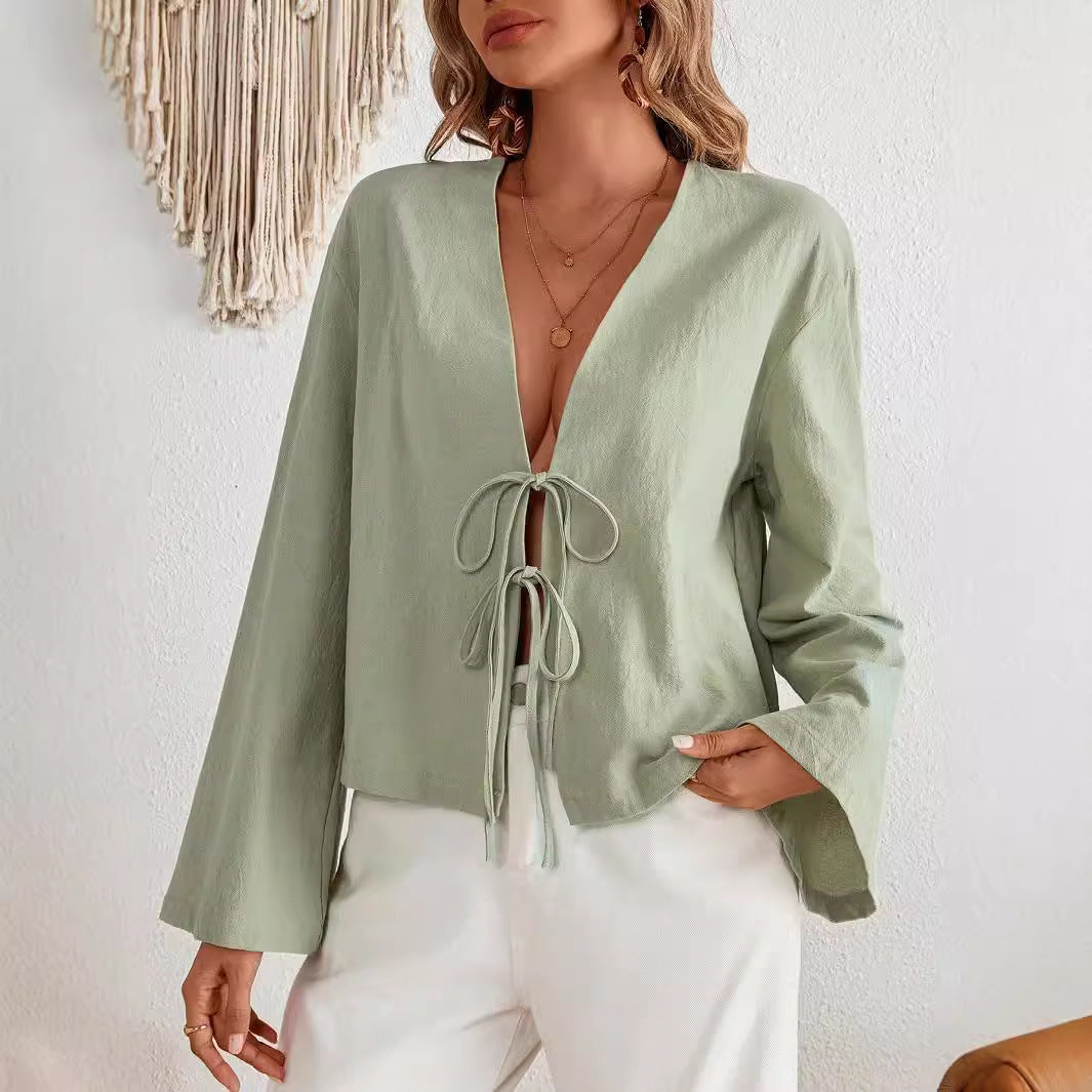Damen lässige Bluse mit tiefem V-Ausschnitt und schnürbarem Detail EB