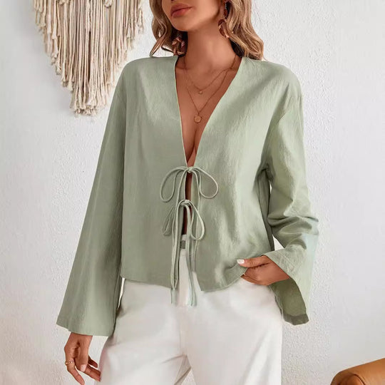 Damen lässige Bluse mit tiefem V-Ausschnitt und schnürbarem Detail EB