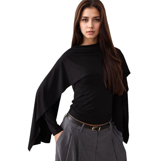 Damen asymmetrisches Cape-Longsleeve mit hohem Kragen und fließendem Overlay Eichborn Berlin