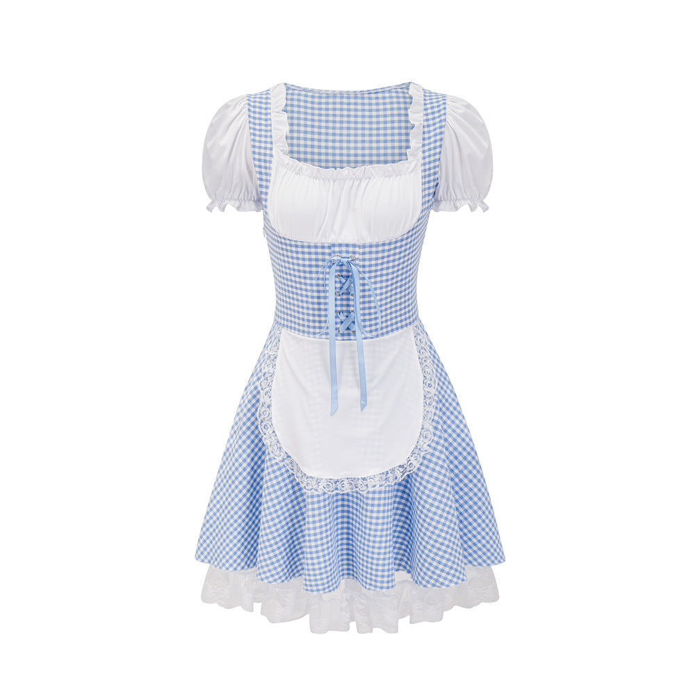 Damen Dirndlkleid mit traditionellem Karomuster und romantischen Rüschendetails EB