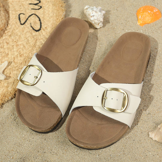 Damen Komfortable Fußbett-Sandalen mit breitem Riemen und glänzender Schnalle EB
