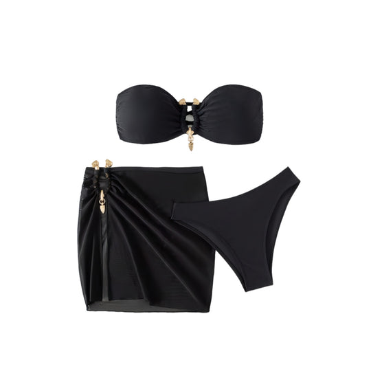 Damen Bandeau-Bikini Set mit eleganter Rock-Overlay EB