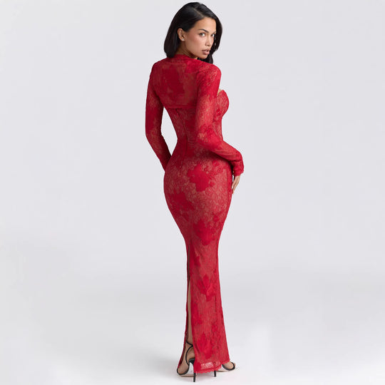 Damen Elegantes Spitzenabendkleid mit langem Arm und verführerischem Schnitt EB