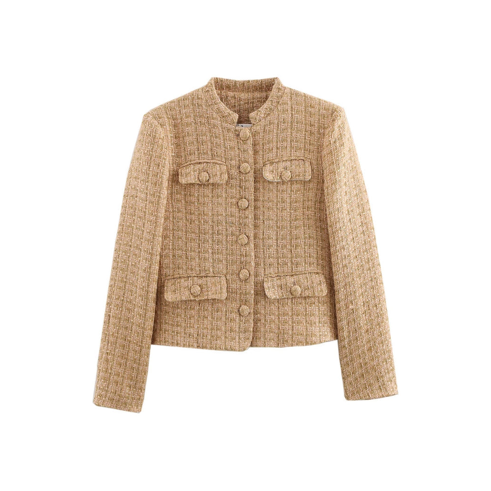 Damen elegante Bouclejacke mit goldenen Knöpfen und aufgesetzten Taschen EB