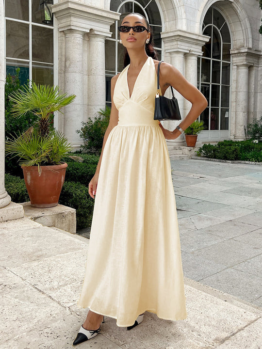 Damen Elegantes Maxikleid mit Halterneck-Design und fließendem Rock EB
