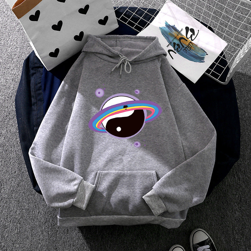 Damen nan Oversized Kapuzenpullover aus Baumwollmischung mit Planeten-Yin‑Yang-Grafik und Kängurutasche EB