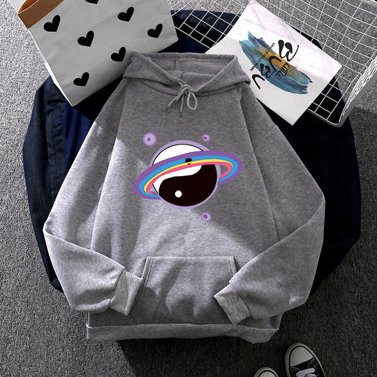 Damen nan Oversized Kapuzenpullover aus Baumwollmischung mit Planeten-Yin‑Yang-Grafik und Kängurutasche EB