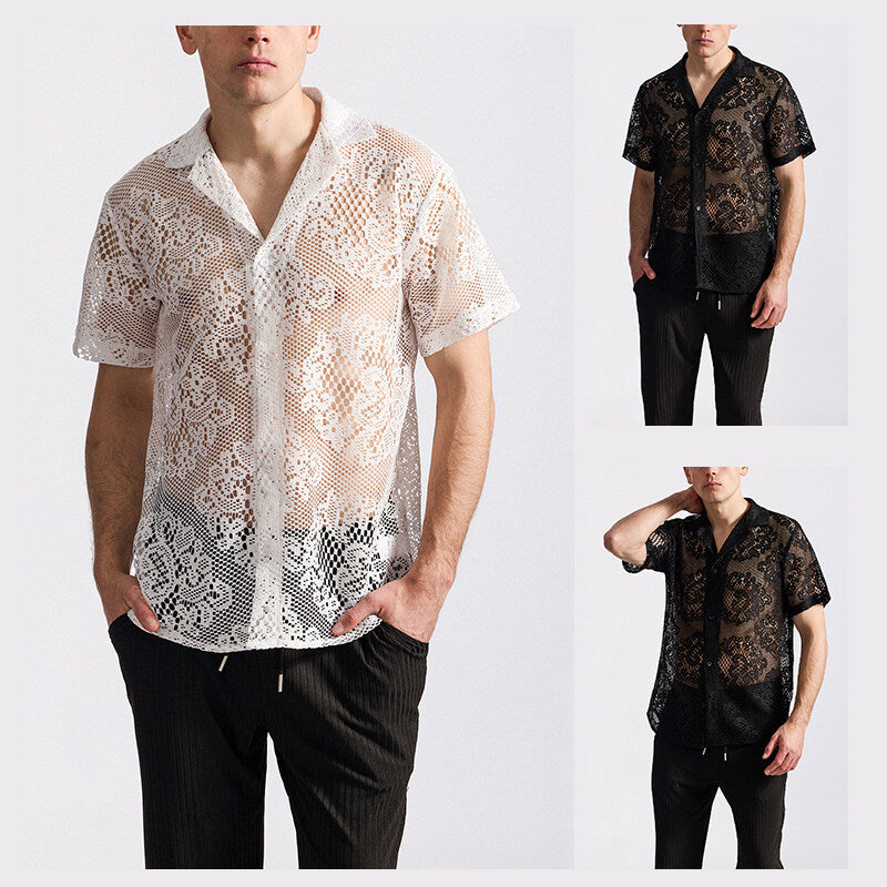 Herren Designer-Hemd aus transparentem Häkelmaterial mit floralem Muster EB