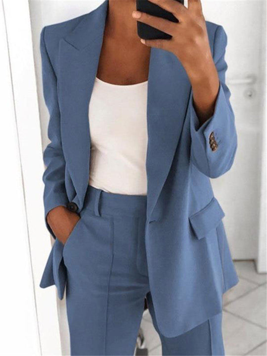 Damen nan bürotaugendes Hosenanzug Set mit weiter Hose und tailliertem Blazer EB