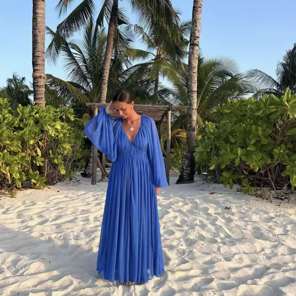 Damen Maxikleid mit eleganter Wickeloptik und femininen Rüschen EB