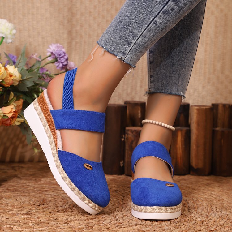 Damen  Espadrille-Keilpantoletten mit elastischem Fersenriemen, Veloursoptik-Obermaterial und geflochtenem Jute-Plateau EB