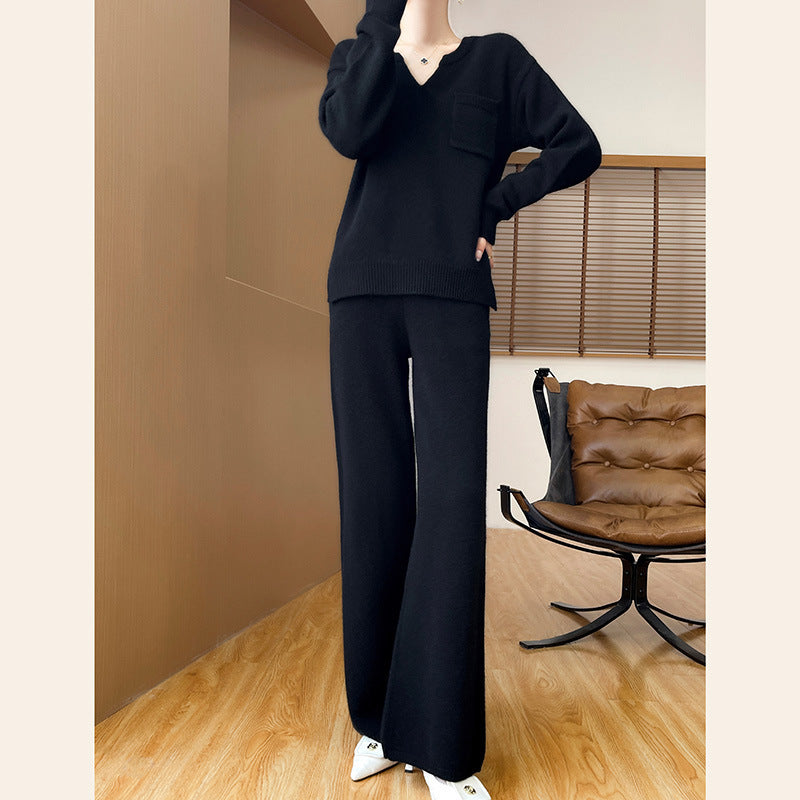 Damen gemütliches Strickensemble mit weitem Pullover und weiten Hosen EB