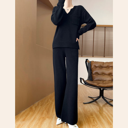 Damen gemütliches Strickensemble mit weitem Pullover und weiten Hosen EB