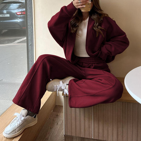 Damen nan Oversize-Zipjacke und hochgeschnittene Palazzohose aus weichem French-Terry EB