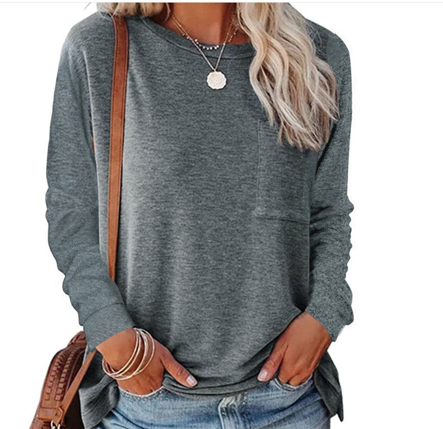 Damen lässiges Langarmshirt mit Taschen und Rundhalsausschnitt EB