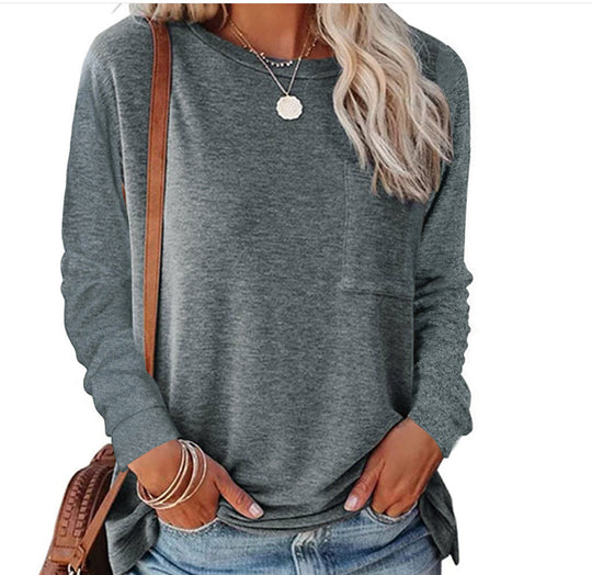 Damen lässiges Langarmshirt mit Taschen und Rundhalsausschnitt EB