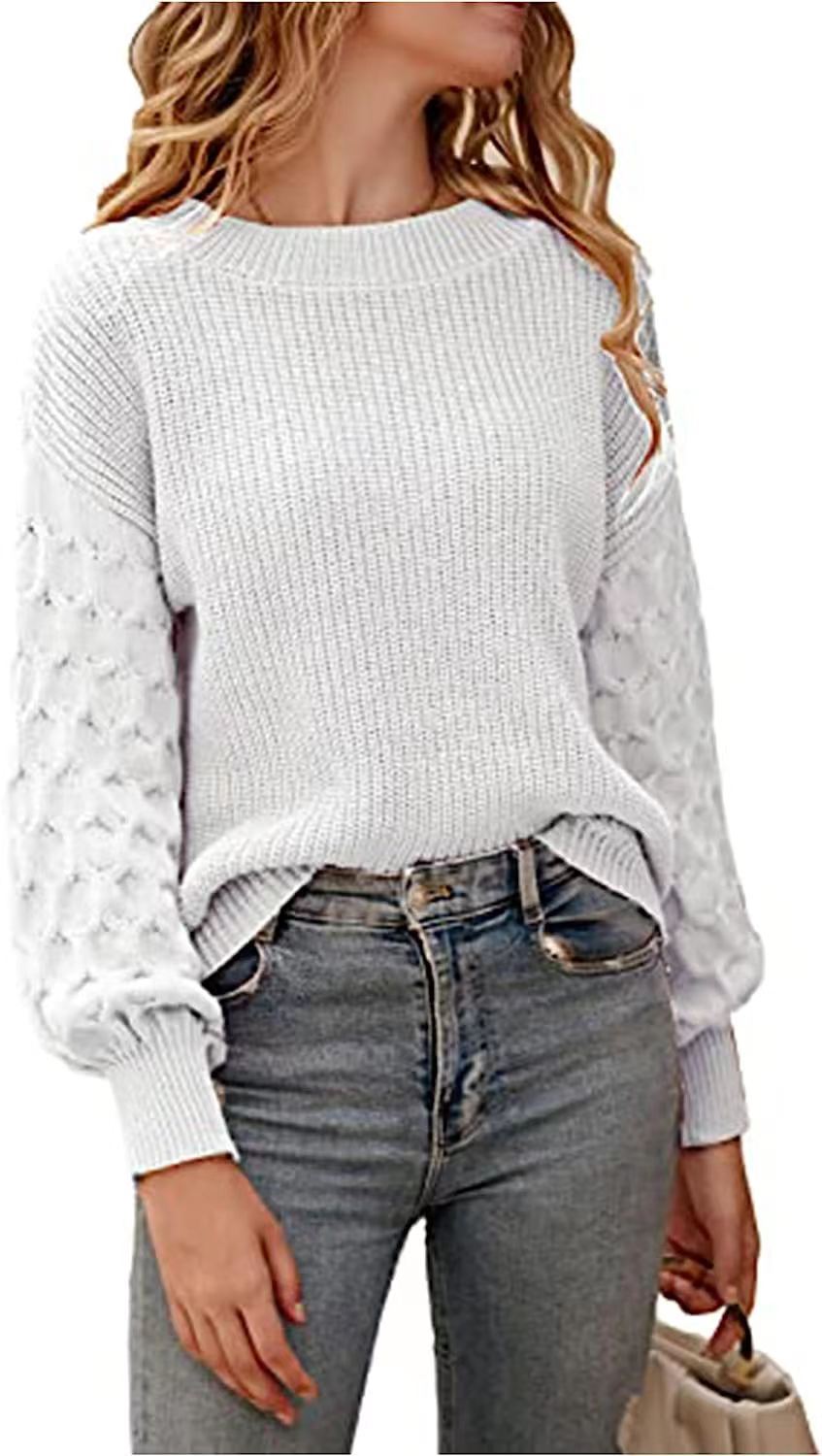 Damen modischer Strickpullover mit strukturierten Ärmeln und Rundhalsausschnitt EB