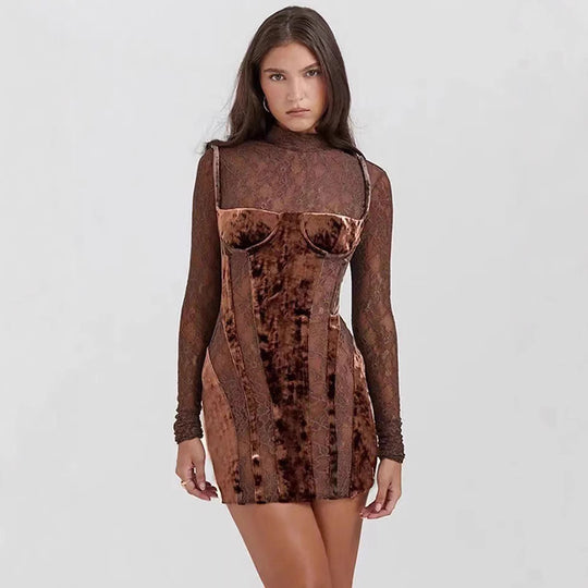 Damen Elegantes Spitzenkleid mit verführerischem V-Ausschnitt und langem Arm EB