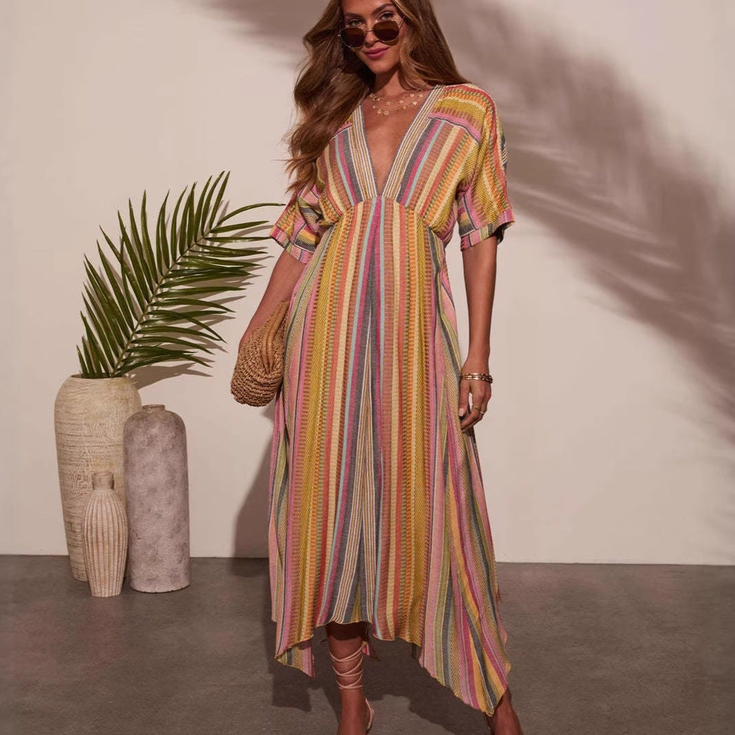 Damen Maxikleid mit tiefem V-Ausschnitt und schwingendem Rock EB