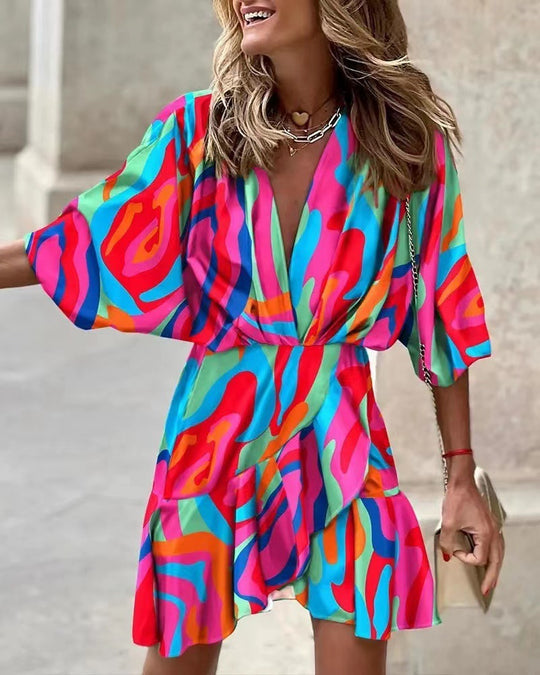 Damen Wickelmini-Kleid mit voluminösen Ärmeln und modischem Animal-Print EB