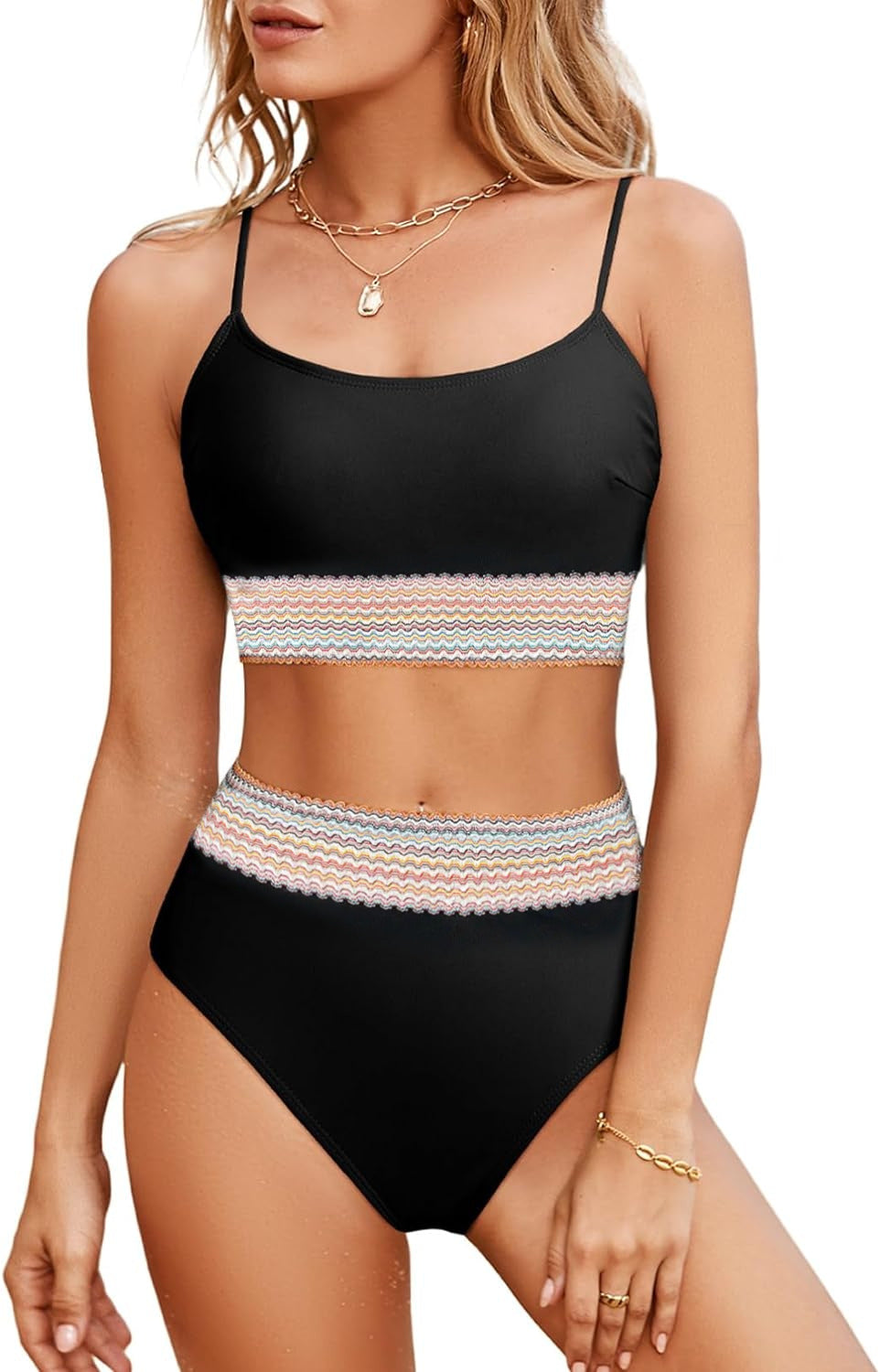 Damen Sportliches Bikini-Set mit hohem Bund und buntem Wellenmuster EB