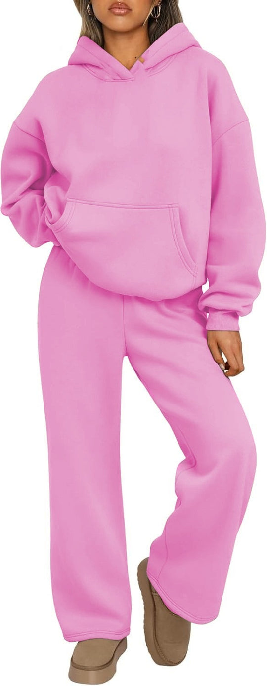 Damen nan Cozy-Loungewear-Set mit oversized Kapuzenpullover, Kängurutasche und weiten Palazzo-Jogginghose EB