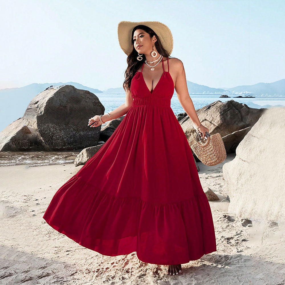 Damen Maxikleid mit tiefem V-Ausschnitt und elastischem Taillenbund EB