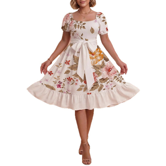 Damen Sommerliches Blumenkleid mit taillierbarem Gürtel und voluminösen Ärmeln EB
