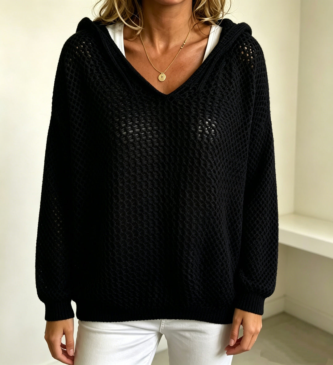 Damen Grobgestrickter V-Ausschnitt-Pullover mit Kapuze und Lochmuster EB