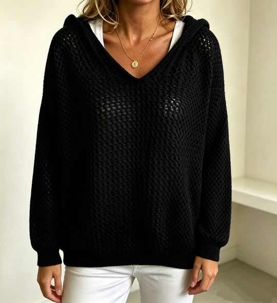 Damen Grobgestrickter V-Ausschnitt-Pullover mit Kapuze und Lochmuster EB