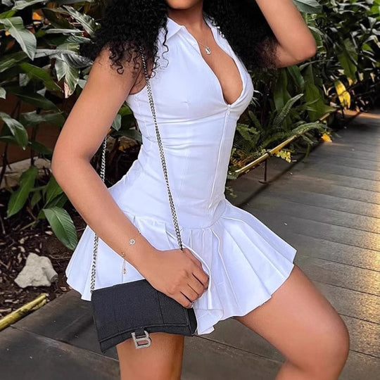 Damen Minikleid mit voluminösem Rock und tiefem V-Ausschnitt EB