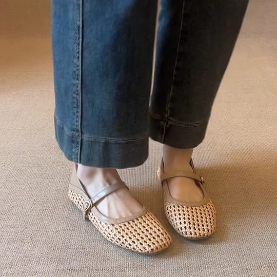 Damen atmungsaktive Kunstleder-Ballerinas mit geflochtenem Design EB