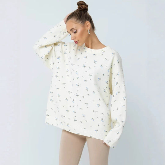 Damen Oversized Strickpullover mit floralen Akzenten und weitem Schnitt EB